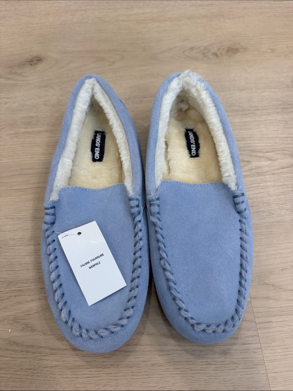 New Lands' End size 8 Light Blue Suede Fleece-Lined Moccasin Slippers